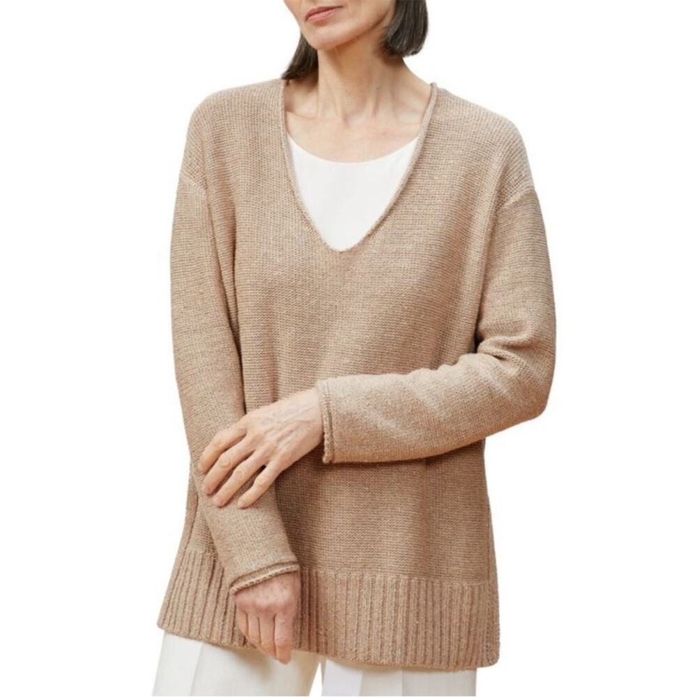 Lafayette 148 New York Gold Lurex Linen Blend Oversized V-Neck Sweater S